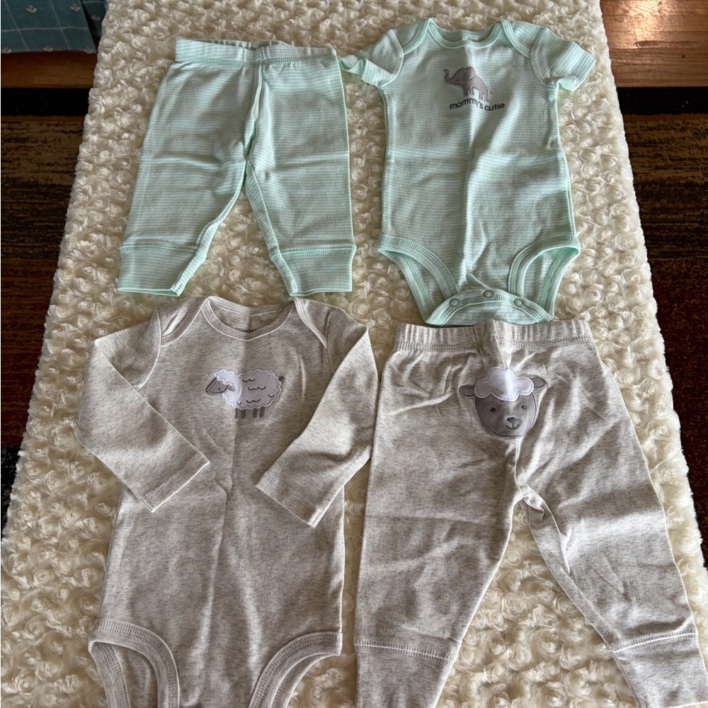 New Size 3-6 Months Lamb & Elephant Theme Baby Clothes Outfits Mint and Gray Set